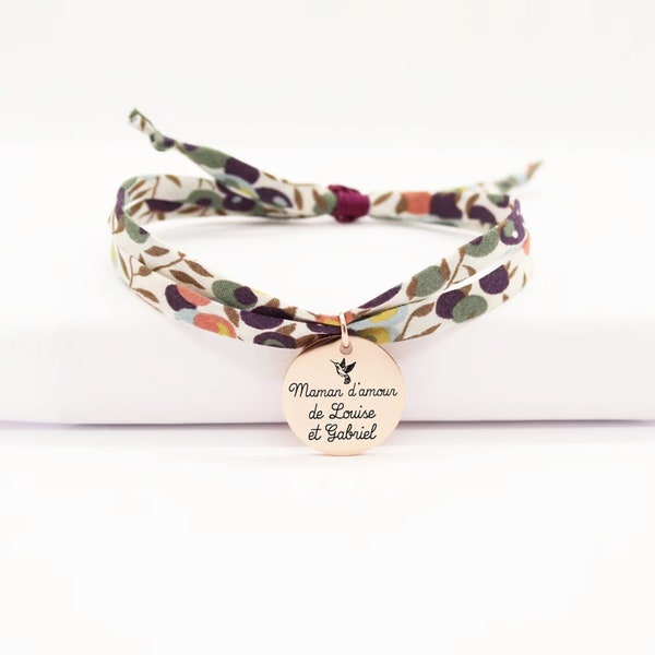 Bracelet liberty gravé personnalisé femme ou enfant cordon tissu liberty of London wiltshire, bijoux personnalisés, cadeau noël personnalisé