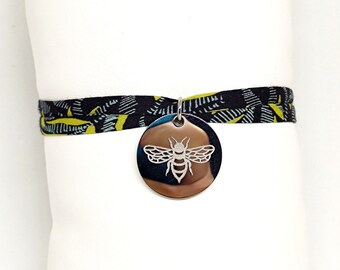 Bee bracelet, liberty bracelet medal engraving bee fabric Willow Walk Elora black, pollination, pollinators, nature, life, jewel