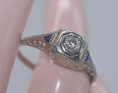 Antique Art Deco 18k White Gold Diamond Sapphire Engagement Ring