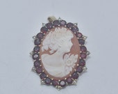 14k White Gold Garnet Pearl Cameo Brooch Pendant