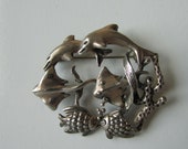 Vintage Taxco Sterling Silver Sea Life Brooch Stingrays Dolphins Brooch