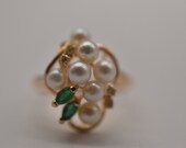 14k Gold Pearl Emerald & Diamond Cluster ring