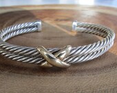 Sterling Silver Double Cable 14k "X" Cuff Bracelet