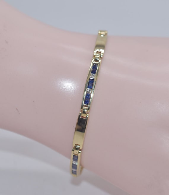 18k Gold Diamond & Sapphire Tennis Bracelet 7" - image 1