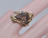 Vintage 10k Yellow Gold 2 CT Smokey Quartz Diamond Statement Ring