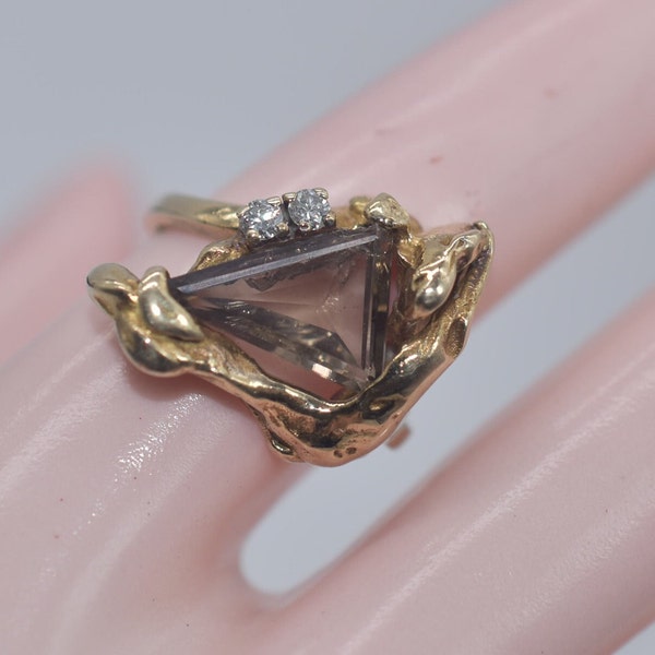 Vintage 10k Yellow Gold 2 CT Smokey Quartz Diamond Statement Ring