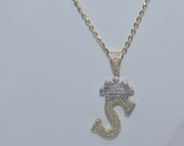 10K Yellow Gold Diamond Encrusted Letter S with Crown Pendant Necklace