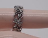 14k White Gold Diamond Band Flowers & Swirls Ring