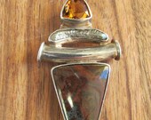 Fine Sterling Silver Petrified Wood Citrine & Tahitian Pearl Pendant