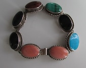 Multi Semi-Precious Gemstone Howlite, Onyx, Malachite Sterling Bracelet