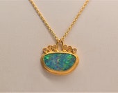 Stunning 98% 24k , 9.7g, yellow gold custom opal doublet & diamond necklace.