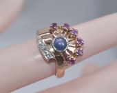 Vintage 14k Rose Gold Diamond, Ruby & Blue Star Sapphire ring Unique