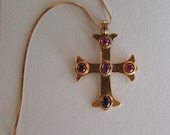 Vintage Sterling Siver & Garnet Byzantine Cross Pendant Necklace