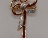 Vintage 18K Yellow Gold Ruby & Diamond Big Bow Brooch