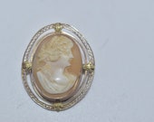 1930's antique Rose & Yellow Gold Filigree Carved Cameo Pin