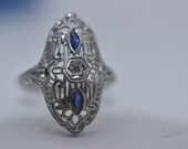 18k White Gold Art Deco Filigree Sapphire and Diamond Ring