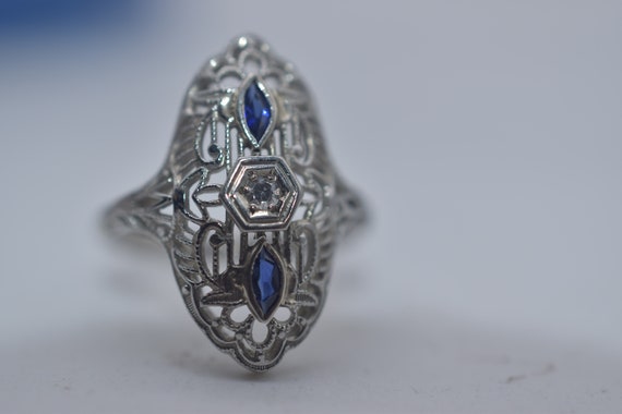 18k White Gold Art Deco Filigree Sapphire and Dia… - image 1