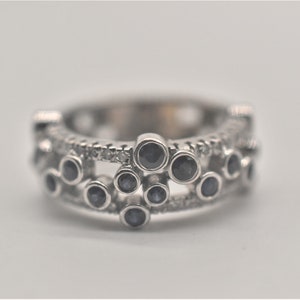 14k White Gold Bezel set Diamond & Sapphire Circles and Dots  ring