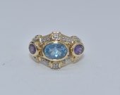 14k Gold Blue Topaz Amethyst faceted Cabochon & Diamond Ring