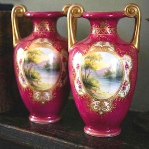 Pair of Antique French Style Mantle Urns, Pink Rose Pompadour Porcelain Vases, Hand Painted Landscape Romantic Decor, Grandmillennial Gift