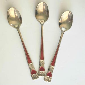 Set 12 vintage  silverplate teaspoons red enamel heart design, as new in box, demitasse or dessert spoons set of twelve, love themed gift