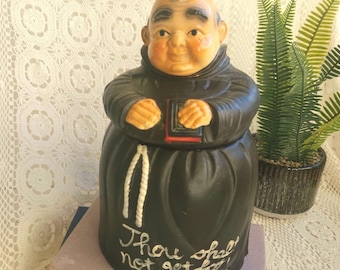 Vintage Friar Tuck Cookie Jar, "Thou Shall Not Get Fat," Monk Ceramic Biscuit Barrel, Mid-Century Kitchen Storage, 50s 60s kitchenware