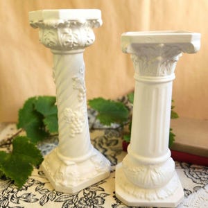 Pair of Ornate White Pedestal Bud Vases, Single Stem Column Vases with Grapevine Detail, Tall White Porcelain Flower Display, Wedding Decor