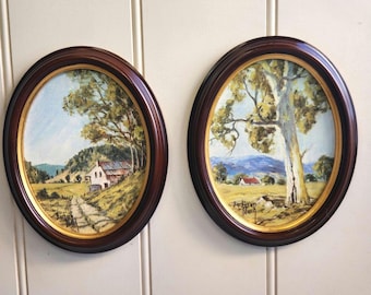 Set of 2 Vintage Australian Landscape Oil Paintings | Oval Framed Pastoral Scenes | Matching Cottagecore Wall Art | Yea Victoria Countryside