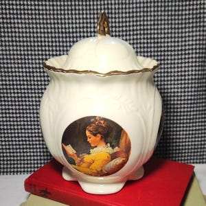 Vintage ornate ceramic biscuit cookie jar, decorative large trinket storage, dry goods canister with lid, baroque romantic decor gift