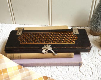 Vintage Art Deco wooden tie press Acme 1920s, wooden inlay silver clasp, mens tie storage, gift for him, geometric tie accessory