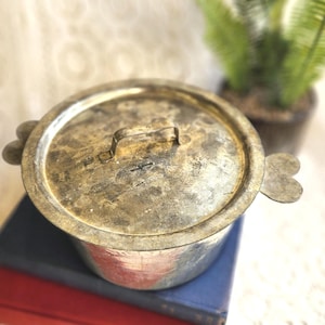Vintage French Tin Charlotte Mold with Heart Handles, Rustic French Country Kitchen Decor, Tinned Steel Pudding Pot Made in France
