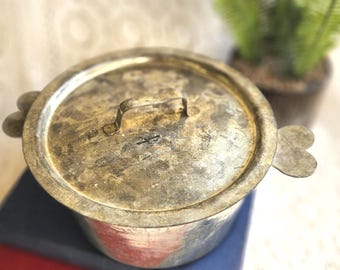 Vintage French Tin Charlotte Mold with Heart Handles, Rustic French Country Kitchen Decor, Tinned Steel Pudding Pot Made in France