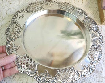 Vintage Leaf and Scroll Silverplate Serving Tray, Ornate Pierced Openwork Round Platter, Classic Traditional Bar Cart Decor, Silver Drinks