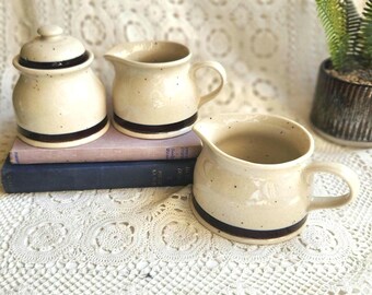 Vintage English Speckled Stoneware Tea Set, 3 Piece Lidded Sugar Bowl & Creamer Jugs, Retro 1970s Boho Kitchen, Made in England