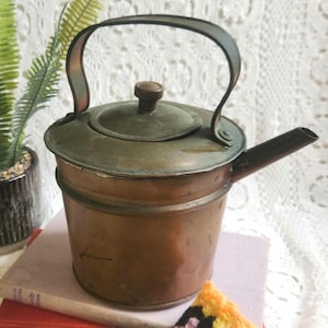 Antique Copper Hot Water Kettle with Iron Handle, Small Primitive Coppersmith Tea Pot, Country Farmhouse Hearth Decor, Dark Academia Cottage