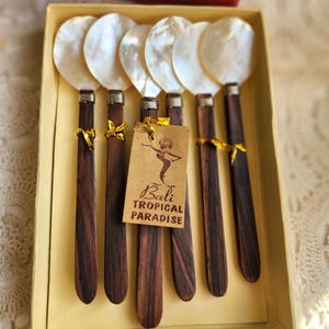 May include: A set of six serving spoons with pearlescent shell bowls and dark wood handles. Each handle is adorned with a gold-colored ribbon. A brown tag with the text "Bali TROPICAL PARADISE" hangs from one spoon.