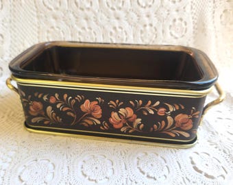 Vintage 1981 Pyrex 213 Amber Loaf Pan with Brass Carrier, Golden Fruit Harvest Pattern, Fireside Glass Bread Tin with Metal Cradle, Retro 80