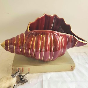 Large vintage shell shaped planter or vase, MCM ceramic conch shell, sea theme large shell figurine, nautical decor, gift for sea lover
