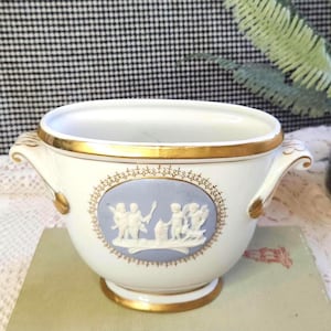 Vintage Napco Neo-Classical Planter Urn, Blue and White Jasperware Style Ceramic Cache Pot Gold Trim, Cherub Medallion Double Handled Vase