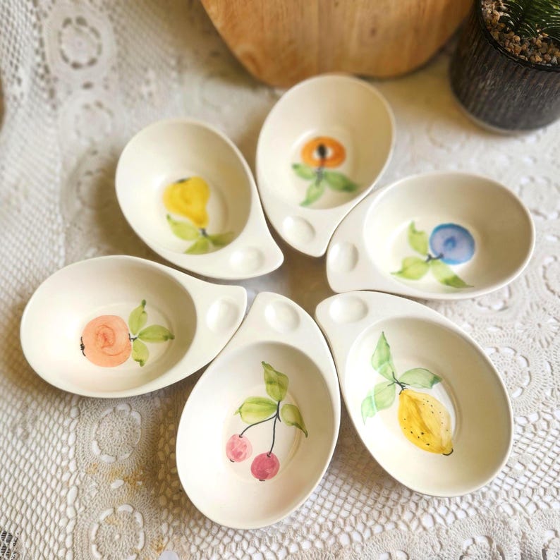 Vintage Elischer Pottery Fruit Bowls Set of 6, Hand Painted Mid Century Australian Ceramics, Teardrop Lug Bowls C27, Retro Kitchenware image 1