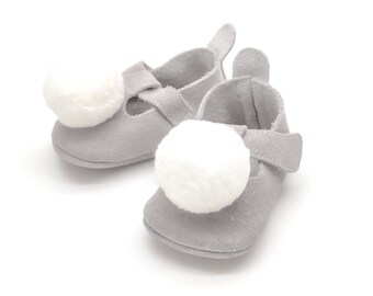 Gray pom pom bunny costume shoes, leather baby girl shoes, halloween gray baby shoes with, birthday girl outfit, shower gift,