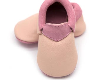 Pink Leather Baby Moccasins, Soft Sole Crib Shoes