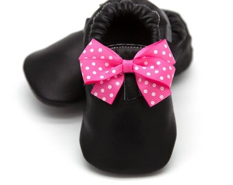 Minnie Mouse Baby Shoes, Black Leather Slippers with Pink Polka Dot Bow