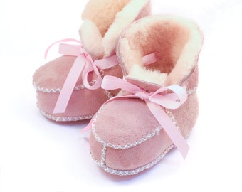 Pink Shearling Baby Boots, Hand Stitched Moccasins