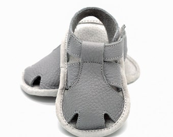 Gray Leather Baby Sandals: Soft Sole Crib Shoes