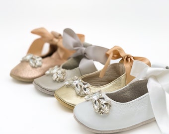 Rhinestone Baby Girl Ballerina Shoes: Soft Leather Princess Shoes