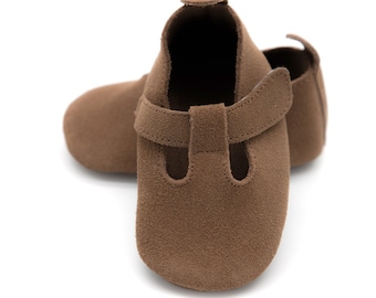 Brown Leather T-Strap Baby Shoes: Soft Suede Sole
