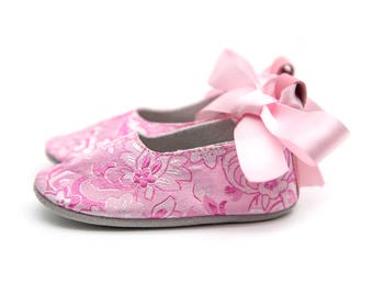 Pink Floral Baby Shoes, Leather Lined Ballet Flats