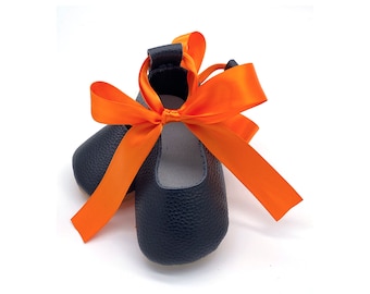 Pumpkin girl costume shoes, black leather ballet girl shoes, halloween witch black kids shoes with satin orange bow, birthday shoes for girl