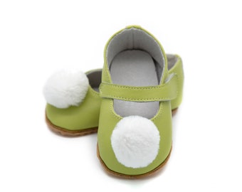 Green Leather Baby Mary Janes: Pom Pom Tinkerbell Shoes